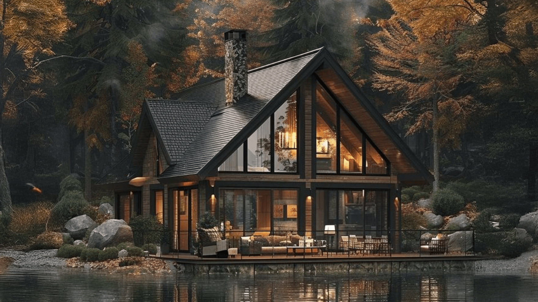 Screenshot 2025-01-27 alle 17.07.19 Chalet di lusso immerso nella natura, circondato da boschi autunnali e affacciato su un lago. Lo JOMO Travel, uno dei trend del turismo 2025 promuove il relax e la disconnessione dallo stress quotidiano.