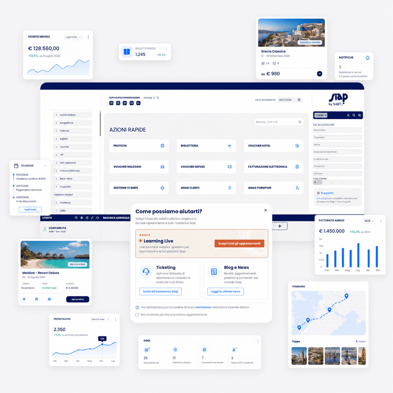 Dashboard di Atlante Plus®, software gestionale per agenzie di viaggio, con pratiche, biglietteria, scadenze, report e assistenza.