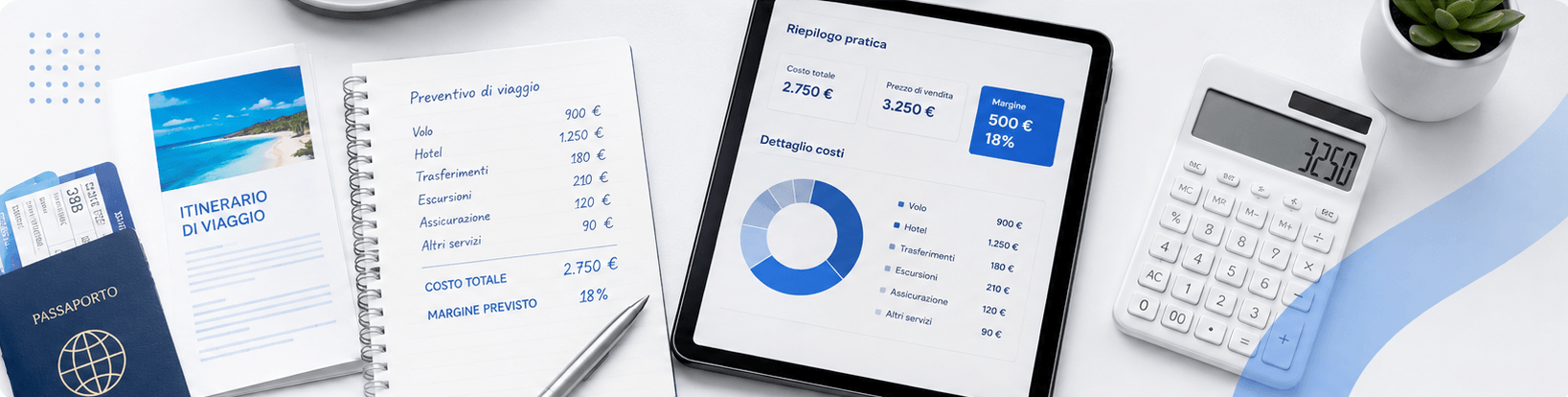 Scrivania con documenti di viaggio, calcolatrice e tablet per monitorare marginalità agenzia di viaggi