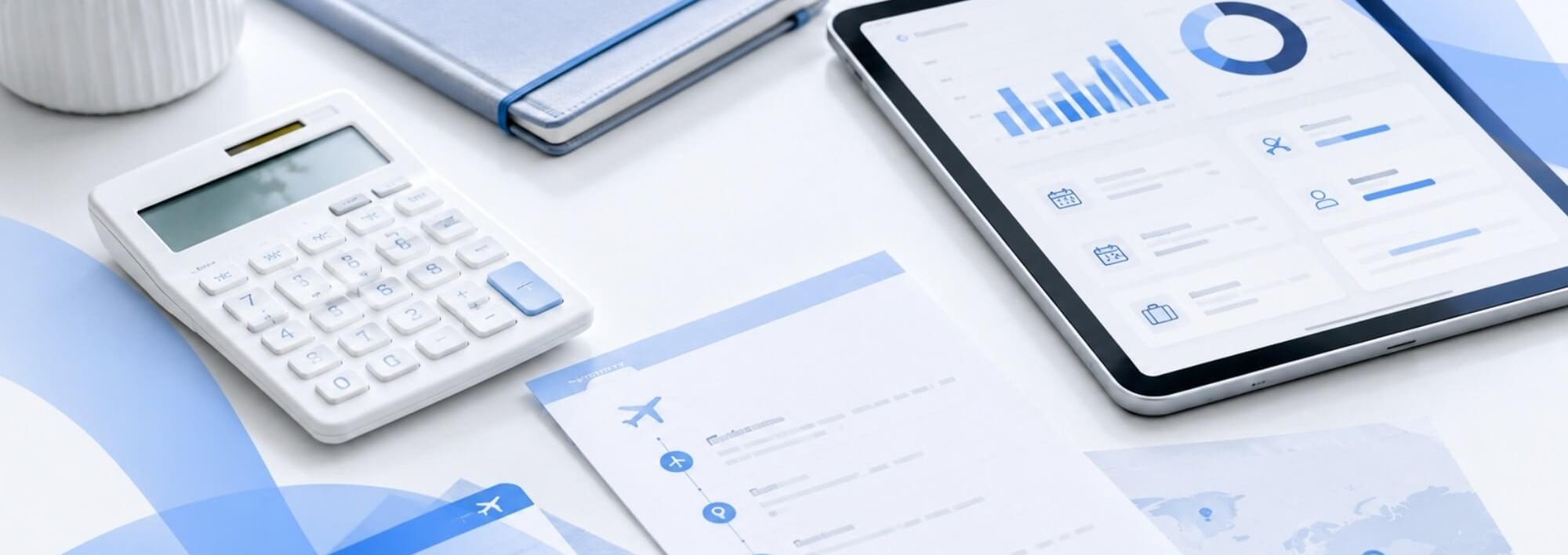 Scrivania con documenti di viaggio, calcolatrice e tablet per monitorare marginalità agenzia di viaggi
